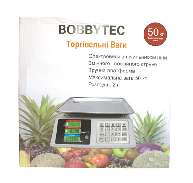 Електронні торговельні ваги Bobbytec BX-20, 50 кг, 2 г, двосторонній дисплей, аккумулятор