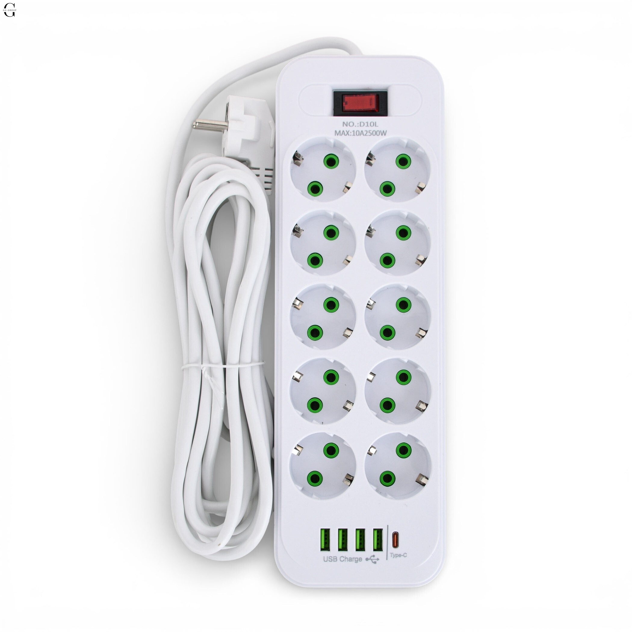 Мережевий фільтр Подовжувач USB ТК-15 (10×220В+4×USB+1×Type-C), F26u, Білий, 5 м