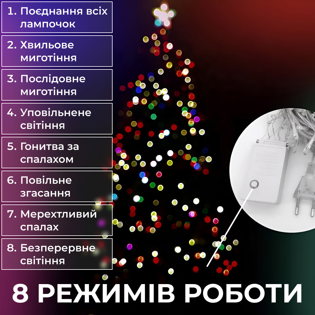 Гирлянда нить 14м на 300 LED лампочек светодиодная черный провод 8 режимов работы