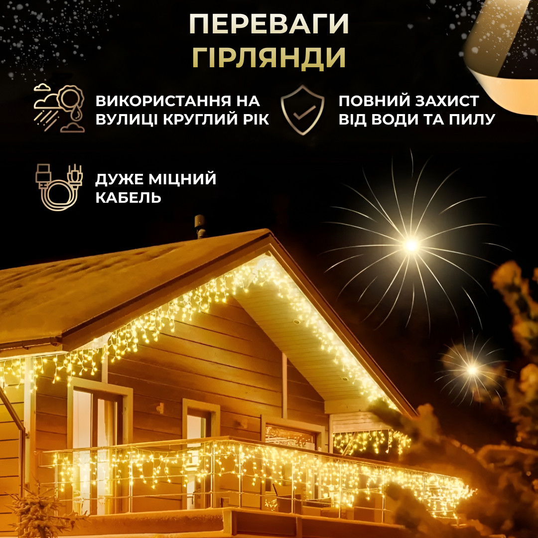 Гірлянда вулична світлодіодна 280 LED 20 метрів білий дріт бахрома 88 ниток Жовтий