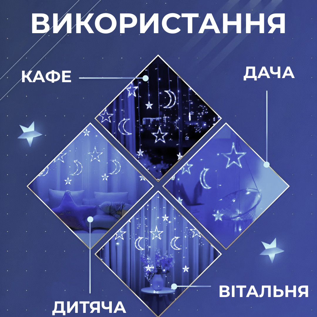 Гірлянда світлодіодна штора GarlandoPro зірка і місяць 108LED 3х0,9 м гірлянда зірка Білий