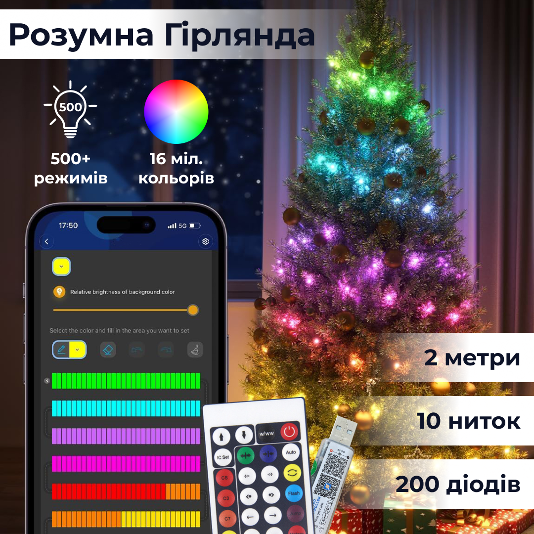 Розумна гірлянда GarlandoPro 1733042ML 200LED 2 метри смарт гірлянда