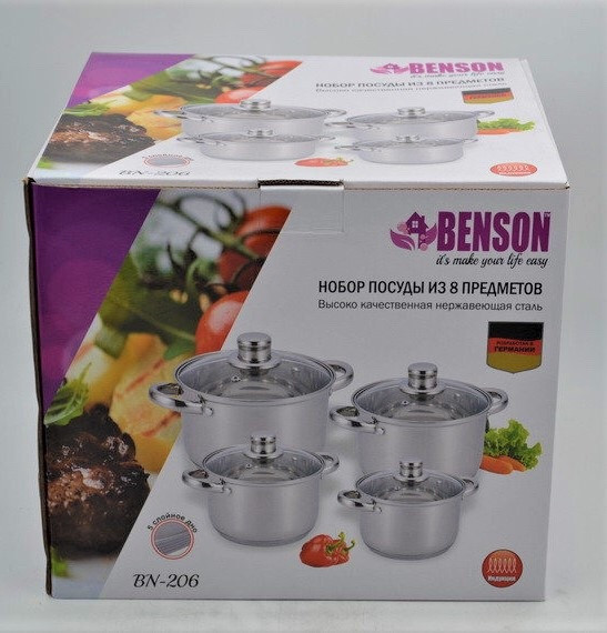 Набор кастрюль Benson BN-206 (ёмкость 2,1 л, 2,9 л, 3,9 л, 6,5 л)