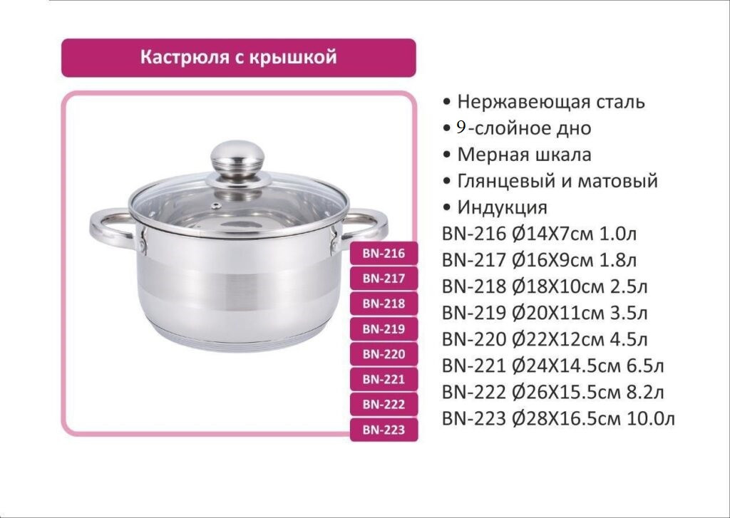 Кастрюля с крышкой Benson BN-222 (ёмкость 8.2 л)