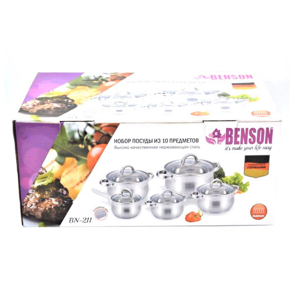 Набор посуды Benson BN-211 (ёмкость 2,1 л, 2,1 л, 2,9 л, 3,9 л, 6,5 л)
