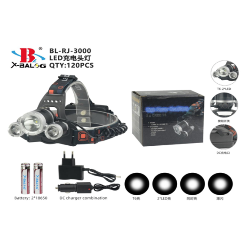 Налобный фонарик X-BAIL RJ-3000-T6 Boriut Адаптор 220v/12v/2-аккумулятора ((HEAD TORCH))