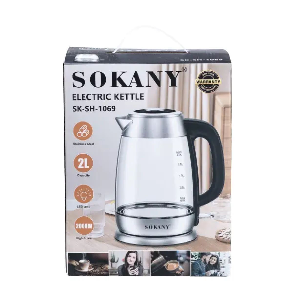 Електрочайник скляний з індикатором LED 2 л 2000 Вт Sokany
