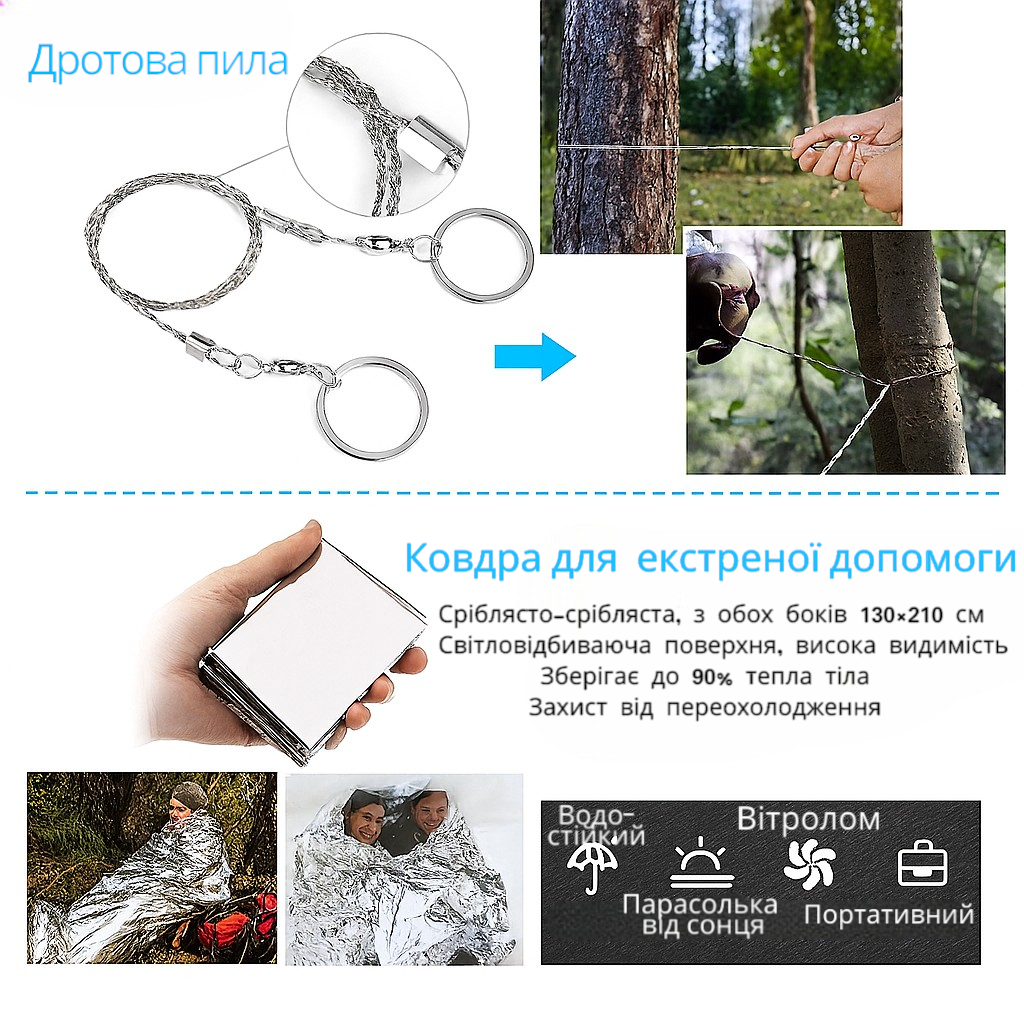 Набір для виживання туристичного кемпінгу 11 в 1 з аптечкою, ножем, ліхтариком і паракордом
