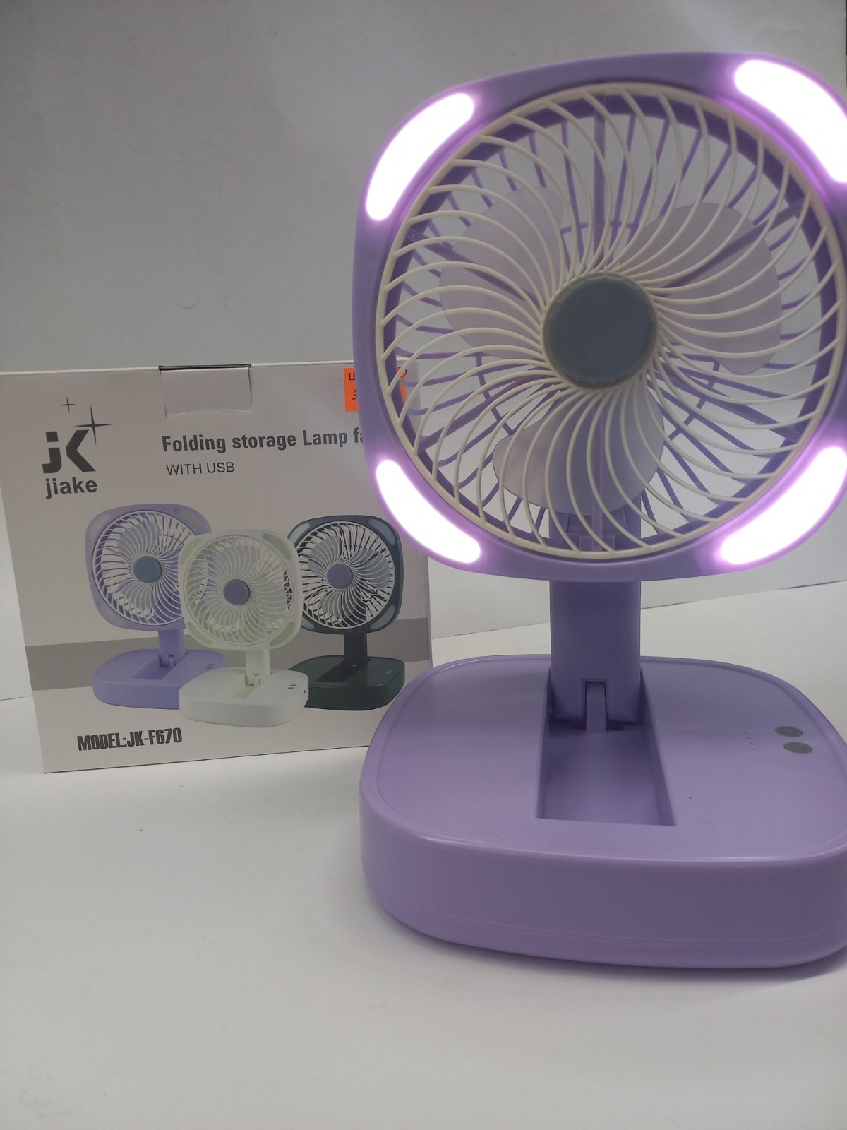 Настільний вентилятор JK-F670 з аккумулятором, 3 швидкостями, підсвічуванням та регулюванням кута
