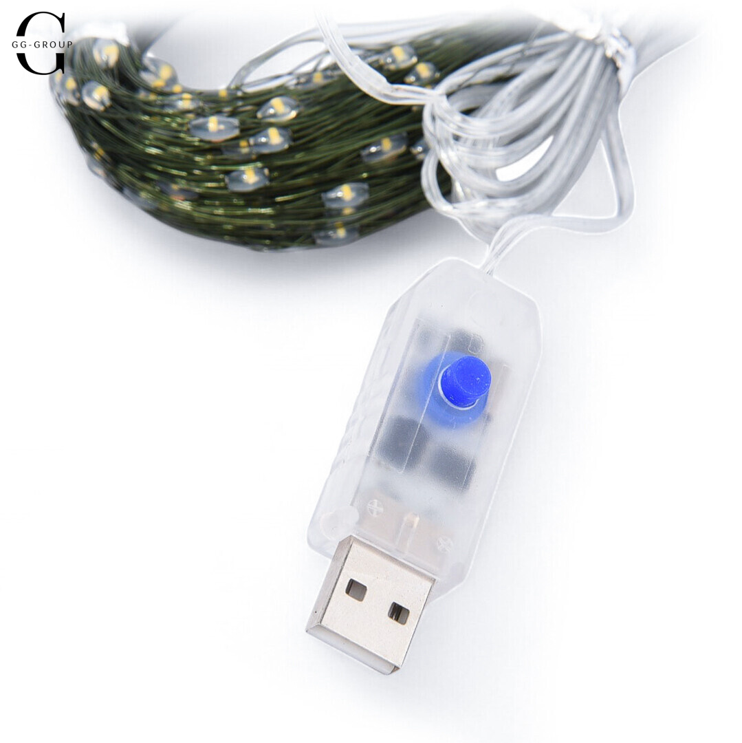 Гірлянда "Роса" зелений дріт - USB, з пультом д/в, тепле світло, 30 м, 300 діодів