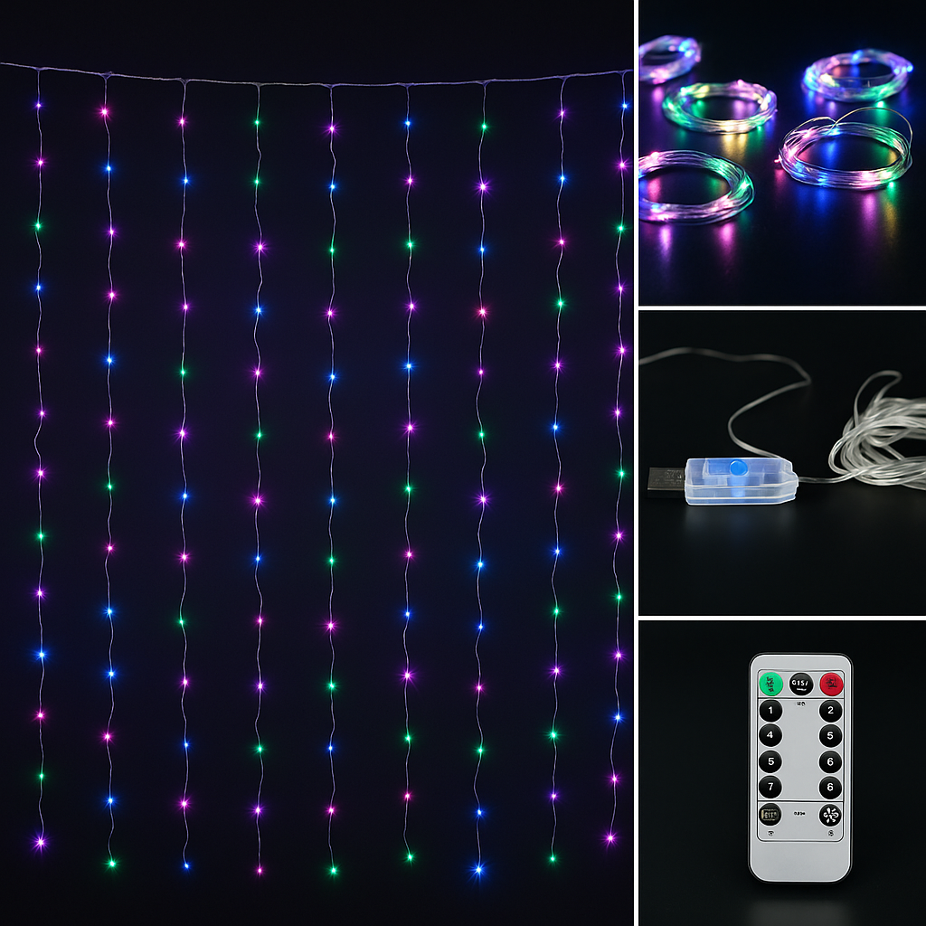 Гірлянда Роса штора 2×2 м 160 LED, USB, пульт, 8 режимів, мультиколор, IP20