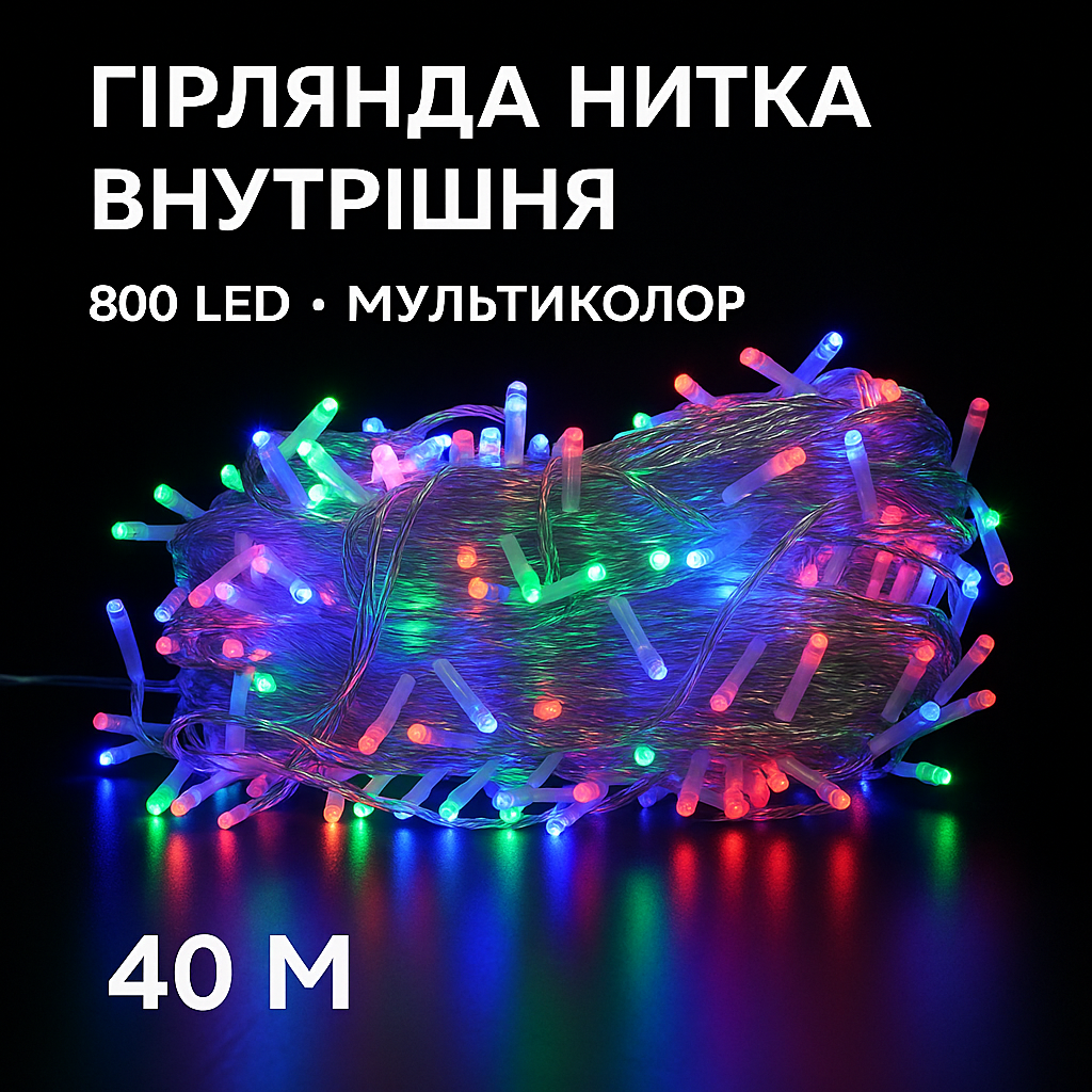 Світлодіодна гірлянда Нитка 800 Led прозорий шнур 40 метрів Мульти